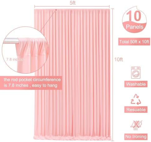 10 Panels Blush Pink Backdrop Curtain for Parties Wedding Wrinkle Free Pink Photo Curtains Backdrop Drapes Fabric Decoration for Baby Shower Birthday Party 50ft(W) x 10ft(H)