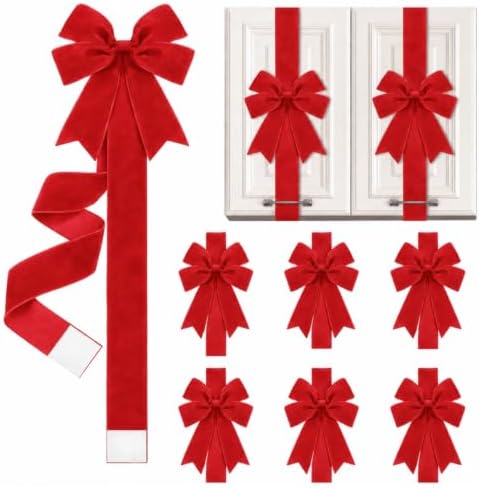 Daifunli 6 Pcs Bright Red Velvet Christmas Cabinet Bows Ribbons for Kitchen