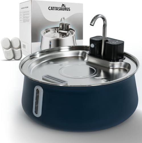 Cattasaurus Wireless 304 Stainless Steel Cat Water Fountain with Filtration, Automatic Water Dispenser for Cats, 135oz Large Capacity, Dishwasher Safe (Blue, Fountain + 2 Filters (2-Week Supply))
