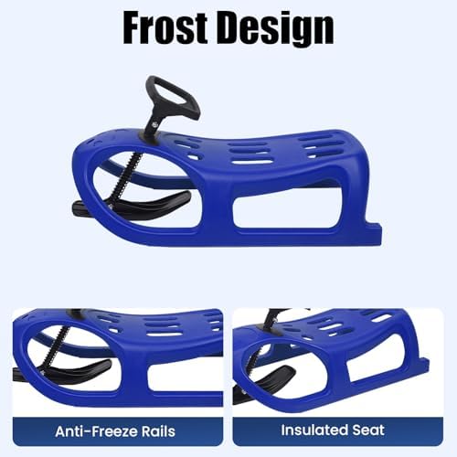 Snow Sled with Steering Wheel for Kids - Durable Blow Molded PE & Iron Winter Sleigh with Pull Rope, Single Rider for Outdoor Snow Fun, Blue Children's Sled