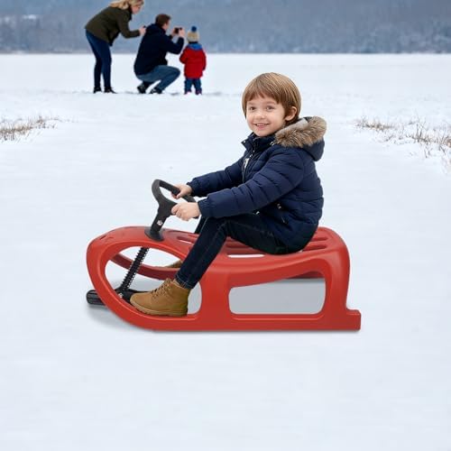 Snow Sled for Kids, Single Rider Saddle Sleigh with Steering Wheel & Pull Rope, 220 lbs Capacity Lightweight Winter Toboggan for Snowy Hills, Backyard, Outdoor Play for Toddlers Boys Girls