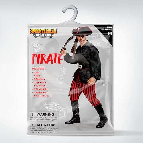 Spooktacular Creations Men Pirate Costume, Adult Pirate Shirt Vest Viking Pants Hat Set for Halloween Themed Parties