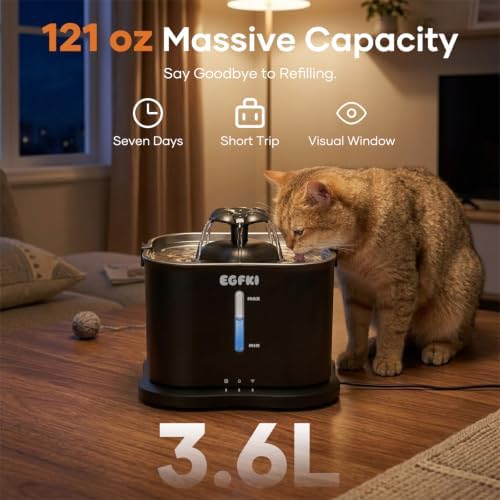 EGFKI EG-9 Smart Cat Water Fountain, 3.6L/121oz Automatic Cat Fountain with APP Control & 2.4GHz WiFi, Smart Hydration Tracking & Alerts, 20dB Ultra Quiet, Stainless Steel Tray, Easy to Clean,Black