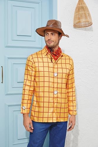Cowboy Sheriff Costume Men's Plaid Button Down Shirt with Vest Bandana Star Badge Halloween Sheriff Cosplay Outfits