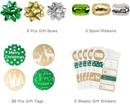 WRAPAHOLIC Green Christmas Wrapping Paper Set - Green and Gold Metallic Foil Shine Christmas Wrapping Paper Bundle with Gift Bow & Ribbon & Tag & Sticker