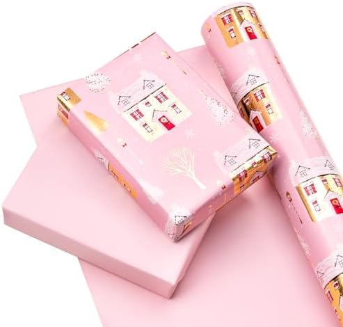 WRAPAHOLIC 30 Inch Jumbo Reversible Christmas Wrapping Paper - 30 Inch x 100 Feet Jumbo Roll Pink House and Solid Pink Wrapping Paper with Metallic Foil Shine for Chrsitmas, Holiday, Party