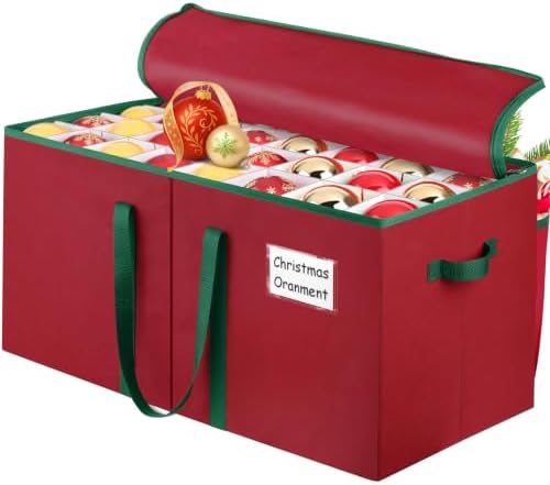SeasonBliss Christmas Ornament Storage Box, Large Holds 128 Balls, Red
