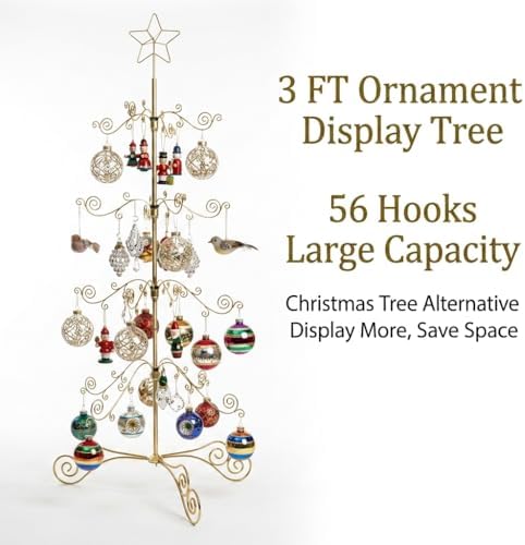 HOHIYA Ornament Display Tree, Brass Gold, 3 Ft, 56-Hook, Metal Stand
