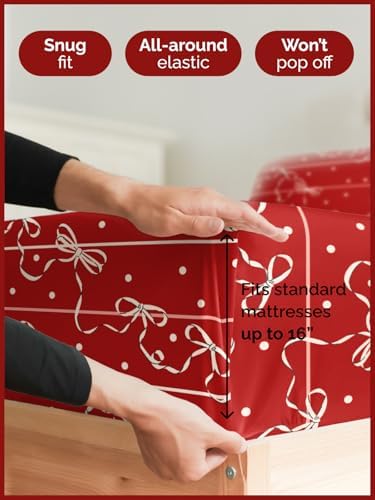 Christmas Sheet Set, Christmas Ribbon, Holiday Xmas Bedding Set - Full Size
