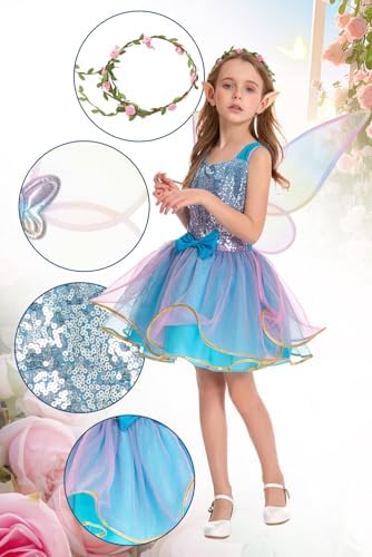 JoyRapt Fairy Costume Dress for Girls 3-10, Fairy Princess Pink Tutu Outfits Butterfly Wings Wand Headband Halloween Gifts