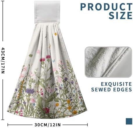 Wildflower Floral Hanging Hand Towels Set of 2 Spring Summer Vintage Flower Kitchen Towels with Hanging Loop Rustic Garden Herbs Plants Dish Towels Soft Absorbent Bath Tie Towel for Farmhouse Decor