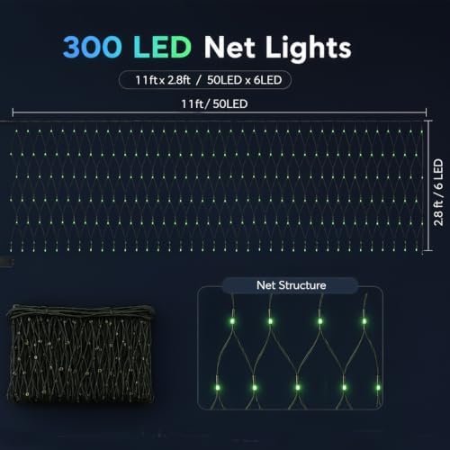 Outdoor Smart Net Lights 2.8 * 11ft, DIY Functions with Preset Holiday Modes for Bush Patio Decor, APP Control, Timer Color Changing, Christmas Mesh Lights, Green Wire