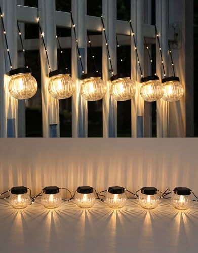 PARTPHONER Solar Lights Outdoor Waterproof 12-Pack, Solar Powered Hanging Lantern Ribbed Glass Hanging Globes for Yard Decor Christmas Decoration, Shepherd Hook, Garden Tree Ornaments, Clear