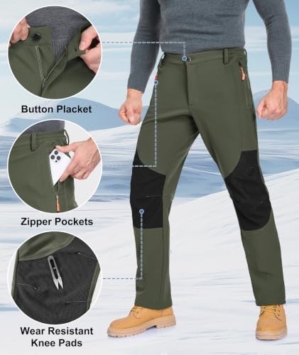 Mens Winter Snow Pants Waterproof Thermal Fleece Lined Hiking Pants with Zip Pockets