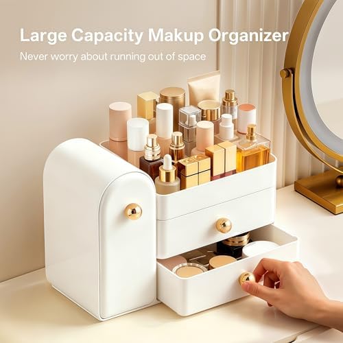 HBlife Makeup Organizer Countertop with Drawers, Vanity Organizers with Brush Holder, Bathroom Counter Organizer for Perfume, Nail Polishes, Lipsticks, Skincare and Eyeshadow Palettes, White