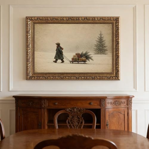 Vintage Child Sled Wrapped Boxes Evergreen Snow Christmas Canvas Wall Art