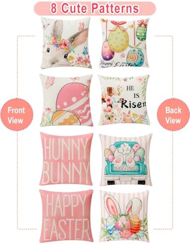multiwins 8-Sided Easter Pillow Covers Set of 4 with 2 Wooden Bunny Decorations, 20 x 20 Inch Reversible Decor with Bunny, Floral Eggs & “He is Risen” Prints for Indoor/Outdoor, Spring Holiday Decor