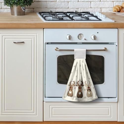 2 Pcs Christmas Reindeer Snowflakes Kitchen Towels with Hanging Loops Xmas Brown Elk Deer Hand Tie Towel Fast Drying Dish Cloth Soft Absorbent Hand Towel for Bathroom Kitchen
