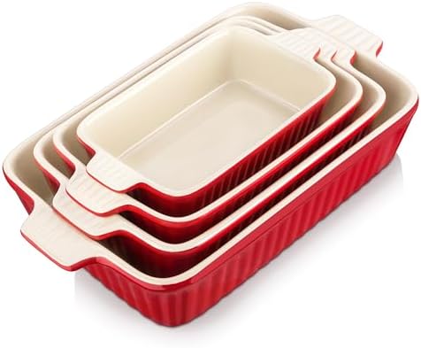 MALACASA Ceramic Casserole Baking Dishes Set of 4, Red with Handles