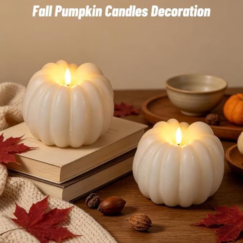 Wondise Fall Decorations Real Wax Pumpkin Candles with Remote Timer