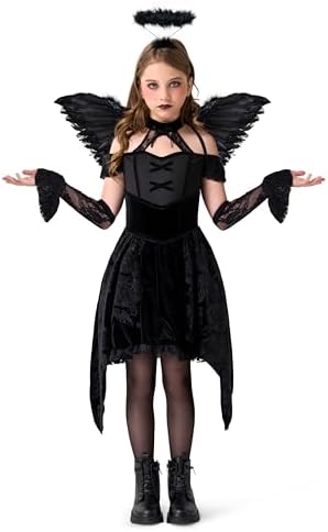 Spooktacular Creations Halloween Child Girl Black Angel Short Dress Costume, Kids Fallen Angel Outfit for Role Play Parties