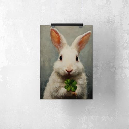 JDBeehpy Easter Rabbit (Unframed, Canvas Only) Canvas Mural Cute White Rabbit Clover Printing Spring Prints Oil Painting Art Style Green Festival Theme Art Prints 20x30inch(50x75cm)