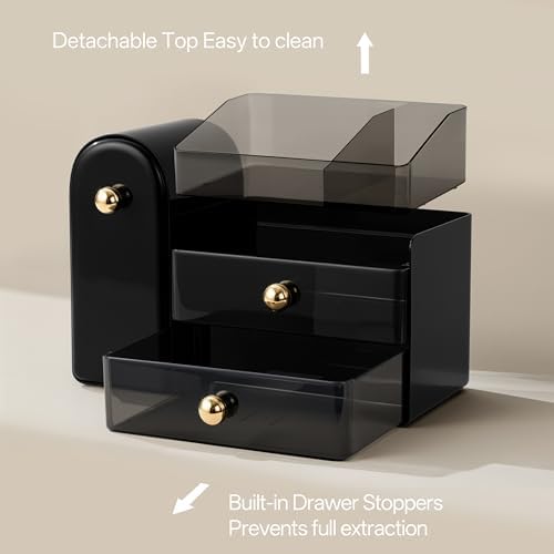 HBlife Makeup Organizer Countertop with Drawers, Cologne Organizer for Men, Vanity Organizers with Brush Holder, Bathroom Countertop Organizer Skin Care Storage, Gift for Dad Husband, Black and Gold