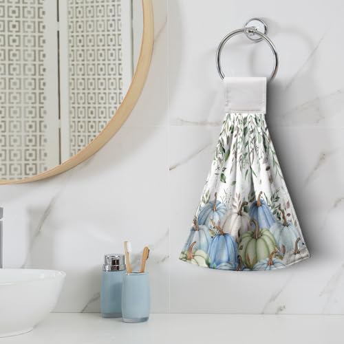 Fall Pumpkin Eucalyptus Leaves Kitchen Hanging Towel Set of 2 Autumn Harvest Kitchen Hand Towels with Hanging Loops Oven Stove Dish Washcloth Soft Absorbent Bath Tie Towel for Bathroom Decor