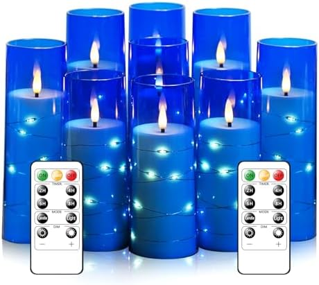 kakoya Flameless LED Candles with Timer 9 Pc Flickering Flameless Candles for Romantic Ambiance and Home Decoration Stable Acrylic Shell,with Embedded Star String，Battery Operated Candles（Blue）