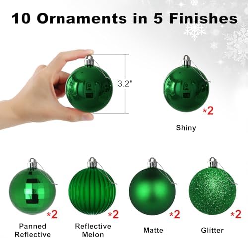 Emerald Green 3.2" Large Christmas Balls - Christmas Tree Decoration Ornaments Shatterproof Hanging Balls for Birthday St. Patrick's Day Easter Mardi Gras Holiday Wedding Decorations Set of 10pcs