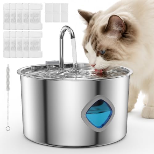 Pawira Cat Water Fountain, 304 Stainless Steel Pet Water Dispenser, 108oz Large Capacity with Water Level Window, Ultra Quiet Automatic Drinking Fountain with 10 Filters & 6 Pump Cotton