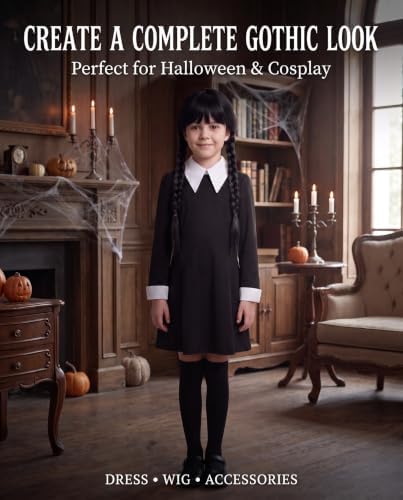 Girls Halloween Black Dress with Wig Necklace Cosplay Costume Set