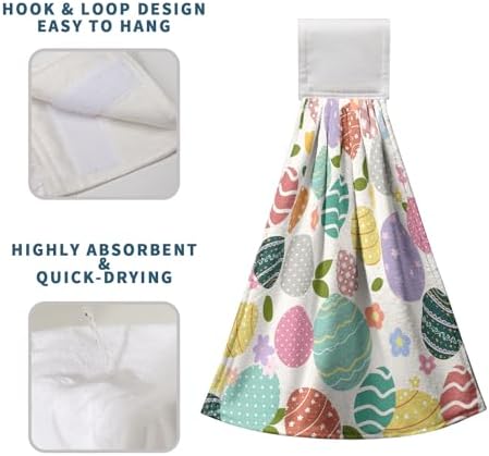 Easter Hanging Dish Towels Easter Colorful Egg Kitchen Towels with Hanging Loop Spring Holiday Hand Towel Soft Absorbent Fingertip Bath Tie Towel for Bathroom Decor Set of 2