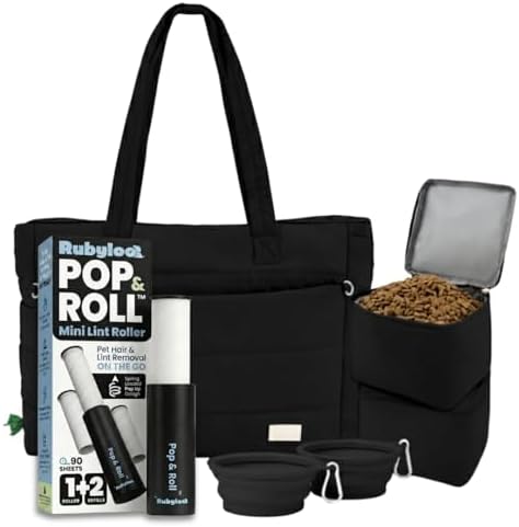 Rubyloo Mini Lint Roller Bundle Travel Size Pet Hair Remover with Retractable Cover & Black Puffer Tote Bag with Bowls Food Storage for Dog Mom Essentials Gift Set