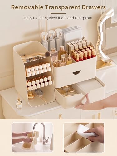 Booklov Small Makeup Organizer for Vanity Countertop, Cream