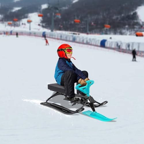 Snow Racer Sled, Ski Sled Slider Board with Steering Wheel, Adjustable Kart Style Design with Serrated Brakes and PU Seat for Kids Age 3-15 Years