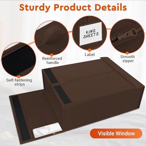 StorageTastic 4 Pack Bed Sheet Closet Organizers and Storage,Sturdy Foldable Storage Containers with Window and Label,Storage and Organization for Bedding Sheets,Duvet Covers,Blankets (Brown)