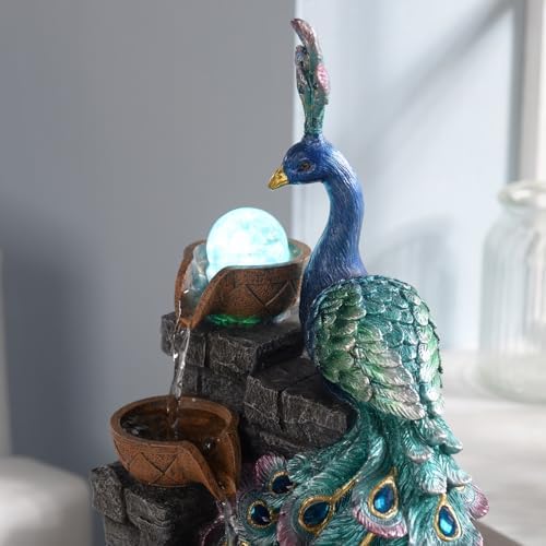 MAOCHI Tabletop Water Fountain Decor, Peacock with LED Glass Color Changing Globe,Relaxation Decorative Desktop Water Zen Fountain for Home/Office,Living Room Décor.13.78" Tall