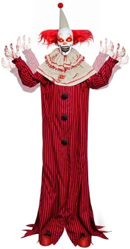 Presence 72" Halloween Decorations Outdoor - Standing Animatronic Clown with Red Light Up Eyes, Motion and Sound Activated Moving Arms and Head, Scary Clown Halloween Yard Patio House Decor