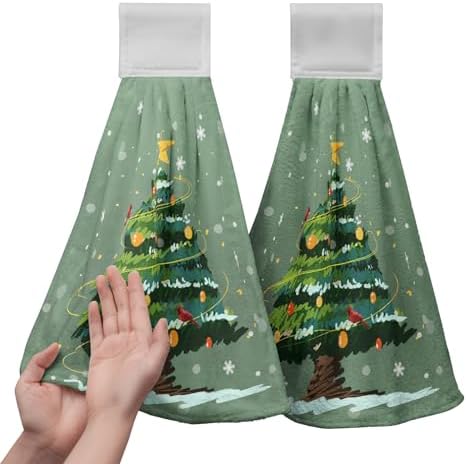 Christmas Xmas Tree Hanging Kitchen Towels Set of 2 Winter Cardinal Snow Hand Towel with Hanging Loop Snowy Snowflakes Star Dish Towel Soft Absorbent Bath Tie Towel for Bathroom Farmhouse Decor