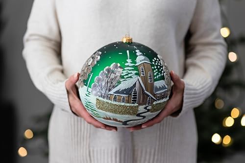 Hand Blown Glass Christmas Ornaments Ball, Chapel Green 8 in + Stand