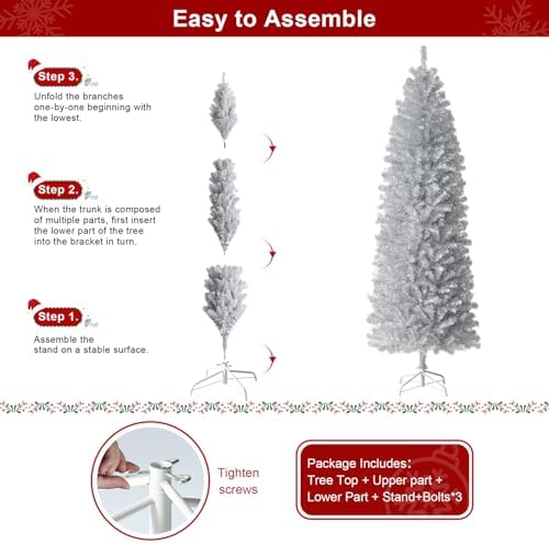 Glitzhome Pencil Tinsel Artificial Christmas Tree, 7.5ft Silver Christmas Tree with 1180 PVC Branch Tips and Foldable Metal Stand for Home Office Party Holiday Decoration