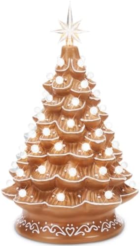 Best Choice Products 15in Ceramic Christmas Tree, Pre-lit Hand-Painted Tabletop Holiday Tree, 2 Star Toppers, 64 Lights - Gingerbread w/White Bulbs