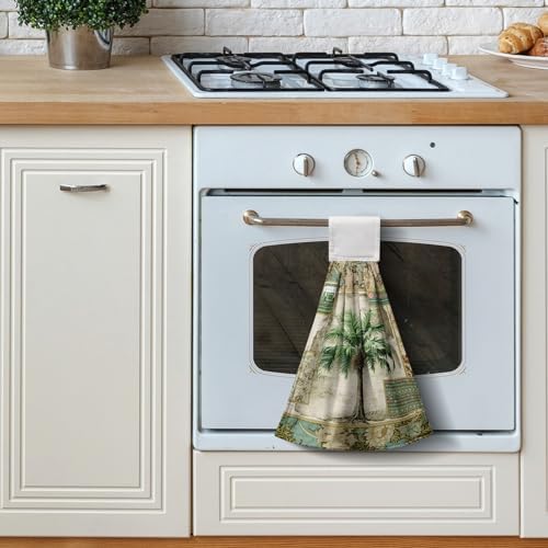 Palm Tree Hanging Hand Towels Set of 2 Vintage Tropical Leaves Green Jungle Plant Kitchen Towels with Hanging Loop Botanical Dish Towels Soft Absorbent Fingertip Bath Tie Towel for Bathroom