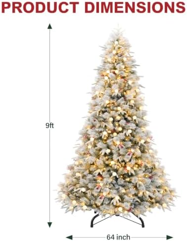 Hykolity 9 ft Prelit Flocked Christmas Tree, 600 Color Changing LED Lights, Artificial Christmas Pine Tree with Red Berries, 2842 PE&PVC Branch Tips, Metal Stand and Hinged Branches, 10 Modes