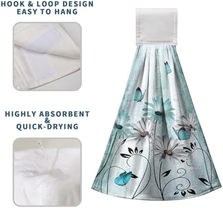 2 Pcs Teal Daisy Floral Hanging Kitchen Towels Turquoise Rustic Poppy Flower Butterfly Hand Towel with Hanging Loop Fast Drying Dish Washcloths Soft Absorbent Fingertip Bath Towel for Bathroom