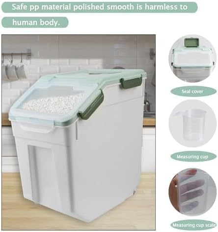 4 Pack Grain Food Storage Container, 20LB Airtight Rice Bin Storage Bucket with Spoon and Measuring Cup, Large Flour Dispenser Container Set 80LB Total Capacity, Green