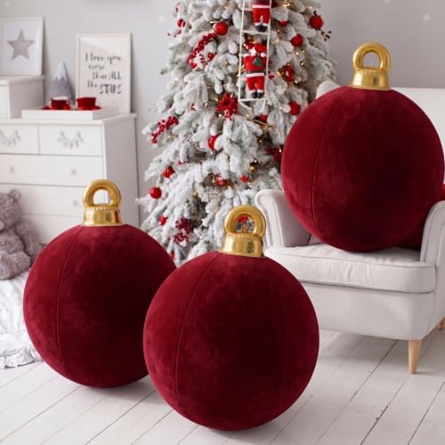 Jetec 3 Pcs 32 Inch Giant Dark Red Velvet Christmas Inflatable Balls