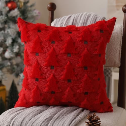 Allorry Christmas Pillow Covers 20x20 inch Set of 2 Christmas Decorations Soft Plush Faux Fur Wool Red Christmas Tree Throw Pillow Cases Winter Holiday Decor for Sofa Living Room PT002B20