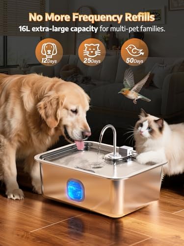 4.2Gal Dog Water Fountain for Large Dogs, 16L Stainless Steel Large Dog Fountain Water Bowl with Deeper & Wider Drinking Tray, Automatic Pet Water Dispenser with Visible Window (with 7 Filters)